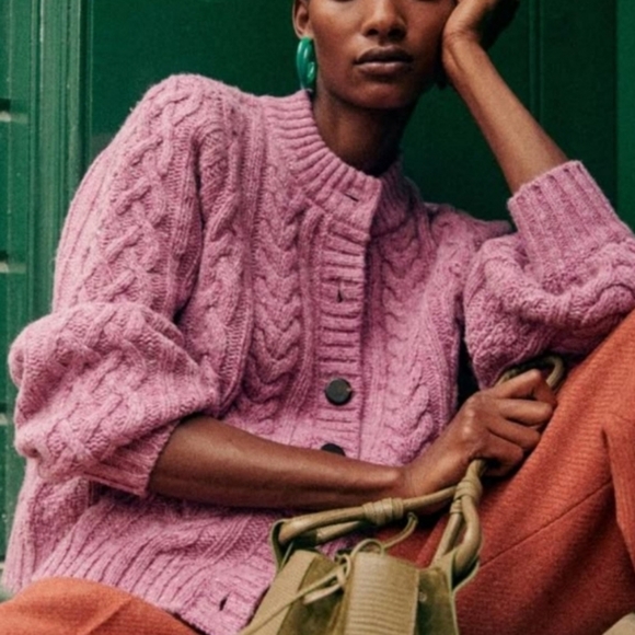 Sezane Andina Sweater Sezane Andina Cableknit Chunky Jumper Garden Pink Cardigan - Picture 1 of 16